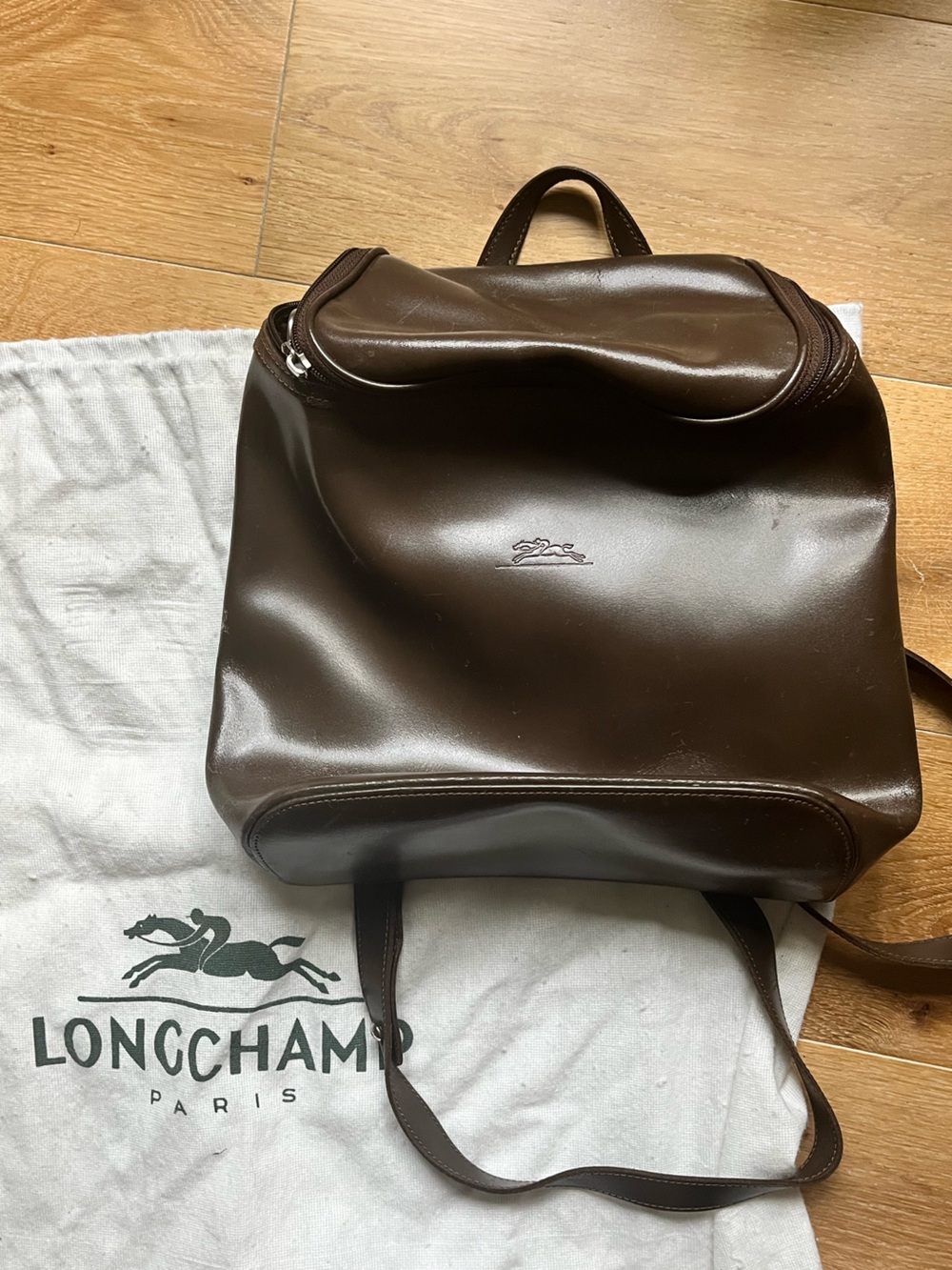 Longchamp Vintage Brown Leather Backpack with Zip
